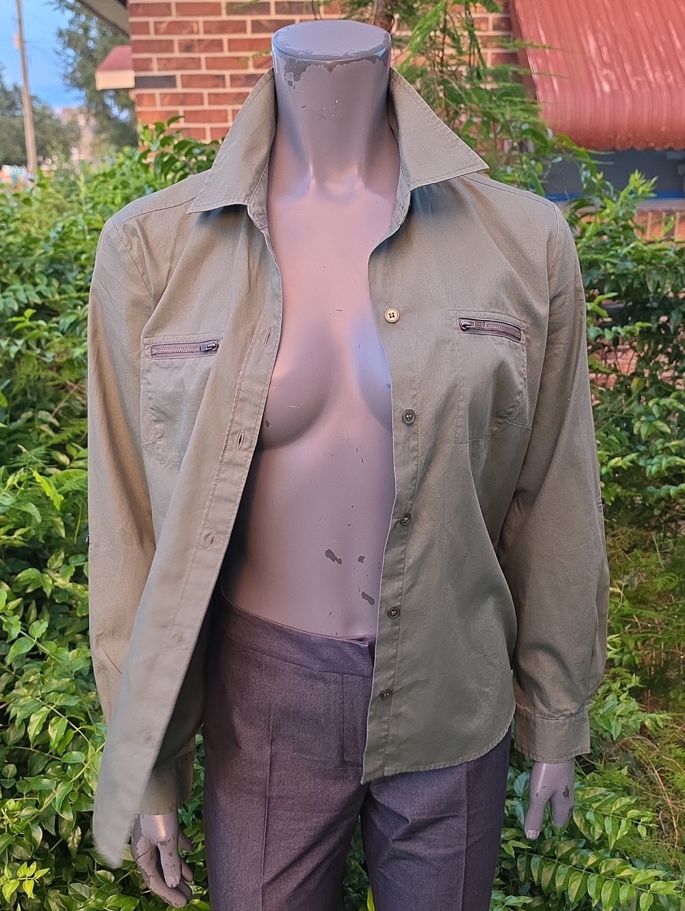 Style & Co. (Hong Kong) Ladies Olive Green Military Field Shirt Zip Pockets